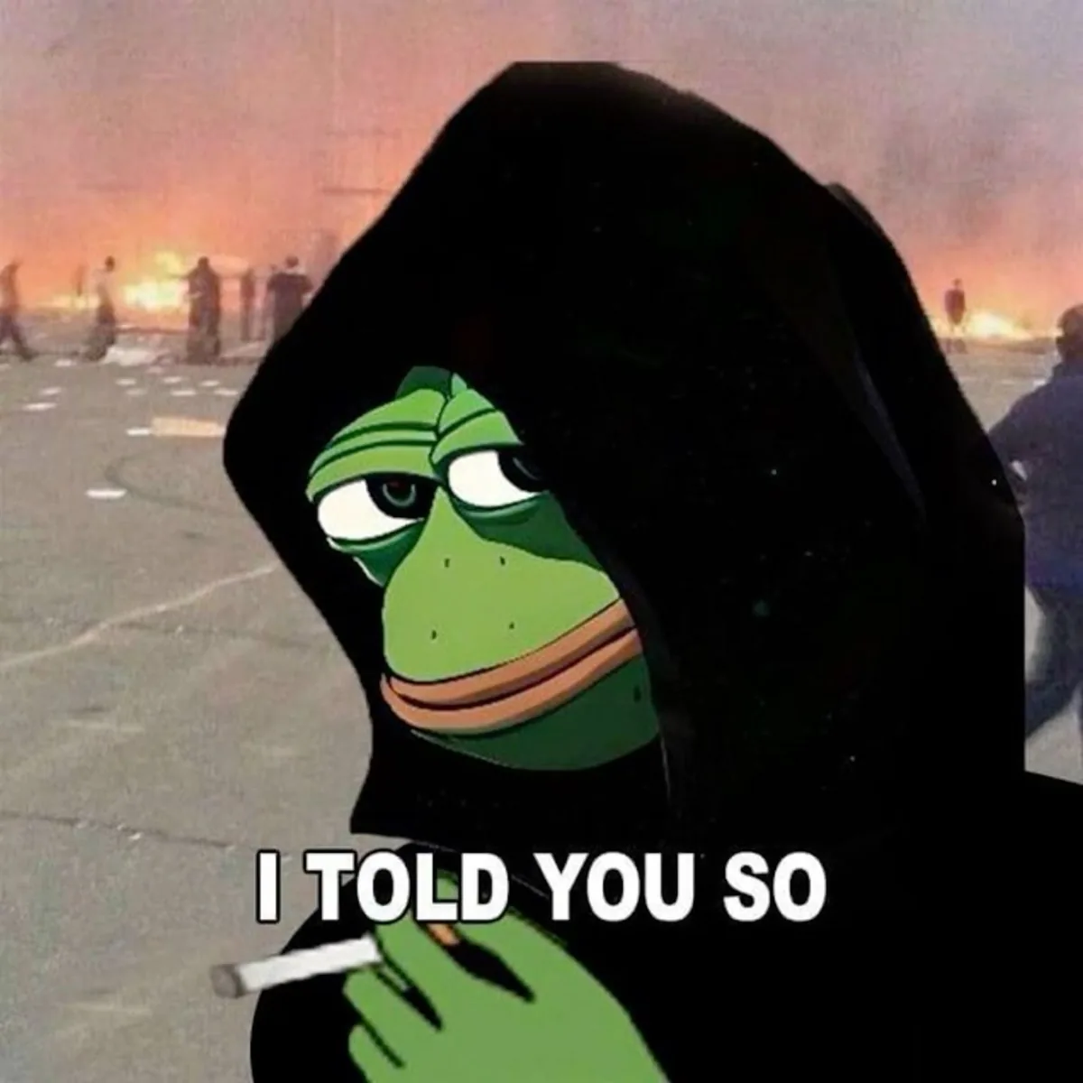 Pepe in a black hood, holding a cigarette, with the caption I told you so.