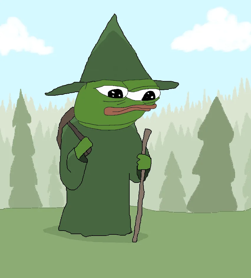 Pepe as a hooded wizard with a staff, in a forest.